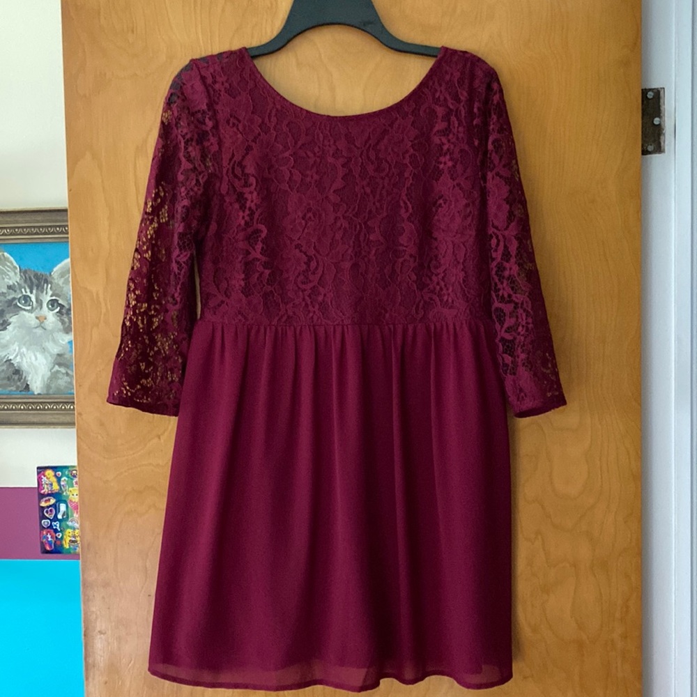 Burgundy lace babydoll dress three quarter sleeves